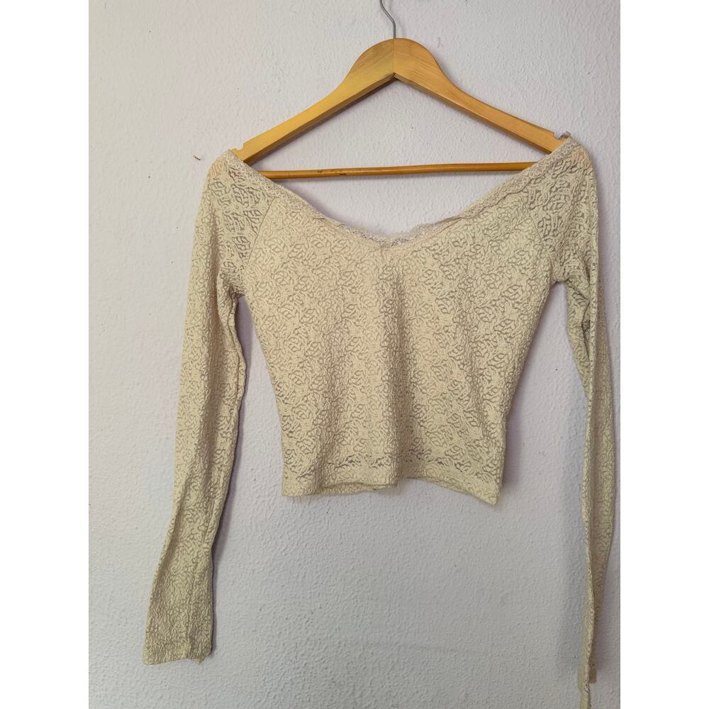 No Boundaries Lace V-Neck Crop Top with Long Sleeves Boho Beige Womens Small - Picture 5 of 10